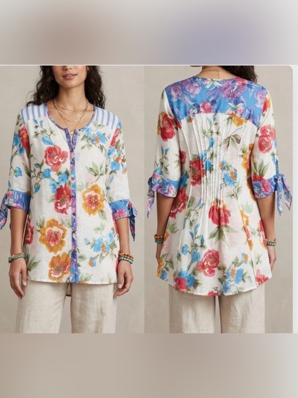 Aratta Silent Journey Tunic Blouse Womens L Multicolor Floral Sheer Pintuck Boho